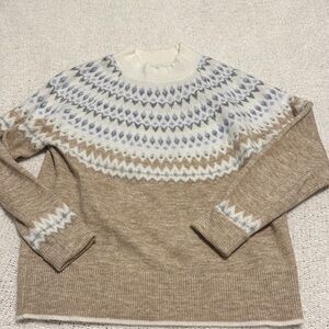 Fat Face Beige Fair Isle Crew Sweater with Cream & Light Blue Yoke